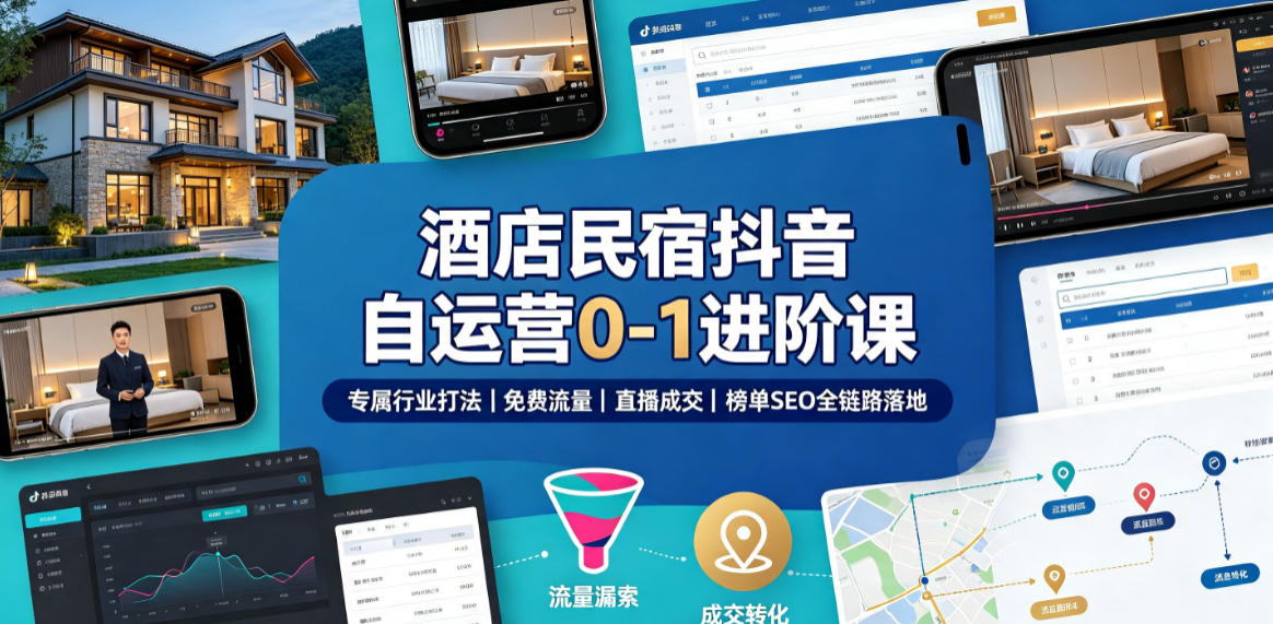 酒店民宿抖音自运营0-1进阶课｜专属行业打法、免费流量+直播成交+榜单SEO全链路落地-副业资源站