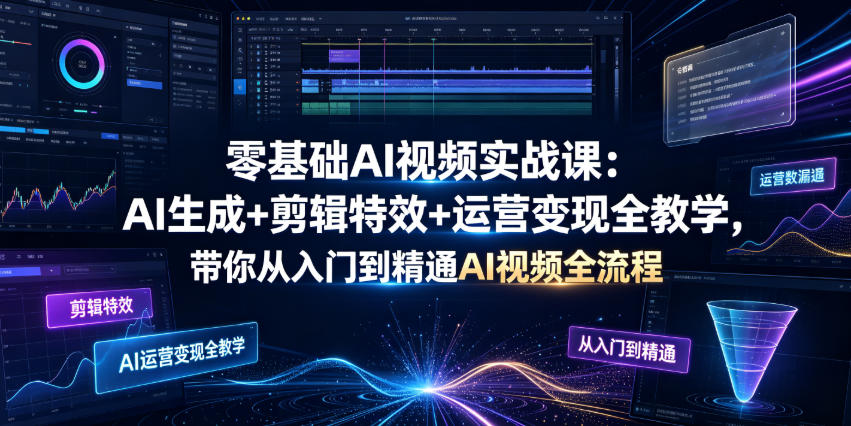 零基础AI视频实战课：AI生成+剪辑特效+运营变现全教学，带你从入门到精通AI视频全流程-副业资源站