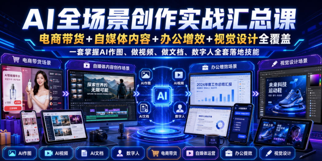 AI全场景创作实战汇总课｜电商带货+自媒体内容+办公增效+视觉设计全覆盖，一套掌握AI作图、做视频、做文档、数字人全套落地技能-副业资源站