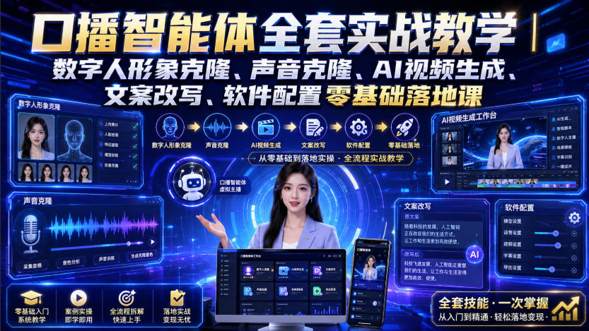 口播智能体全套实战教学｜数字人形象克隆、声音克隆、AI视频生成、文案改写、软件配置零基础落地课-副业资源站