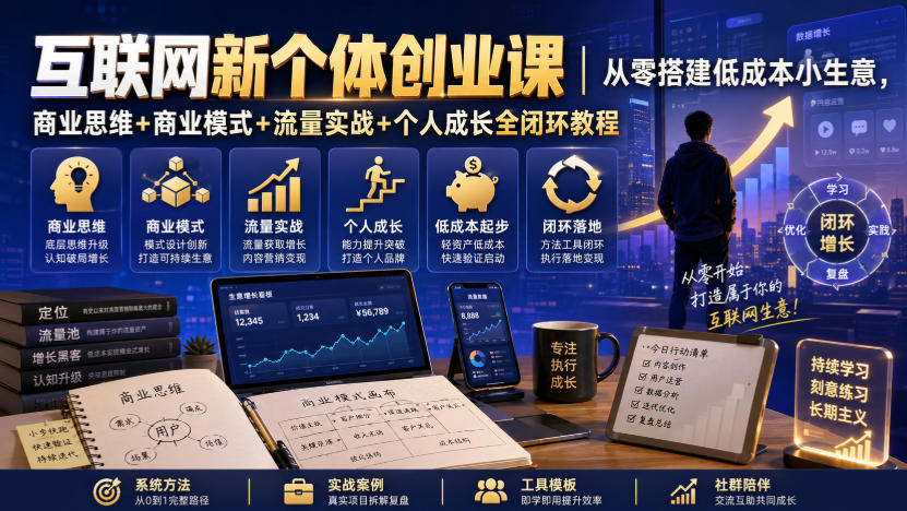 互联网新个体创业课｜从零搭建低成本小生意，商业思维+商业模式+流量实战+个人成长全闭环教程-副业资源站