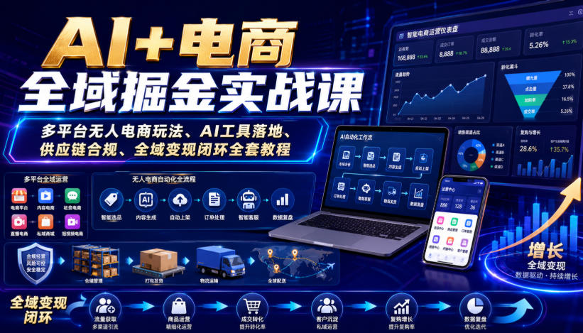 AI+电商全域掘金实战课｜多平台无人电商玩法、AI工具落地、供应链合规、全域变现闭环全套教程-副业资源站