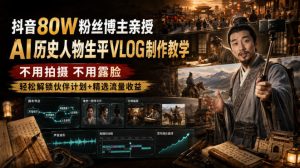 抖音80W粉丝博主的AI历史人物生平VLOG教学，不用拍摄不用露脸，AI帮你搞定，轻松解锁伙伴计划+精选收益-副业资源站