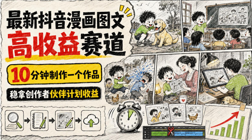 最新抖音漫画图文高收益赛道，10分钟制作一个作品，稳拿创作者伙伴计划收益-副业资源站