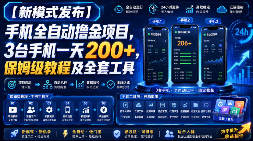 【新模式发布】手机全自动撸金项目，3台手机一天200+，保姆级教程及全套工具【揭秘】-副业资源站