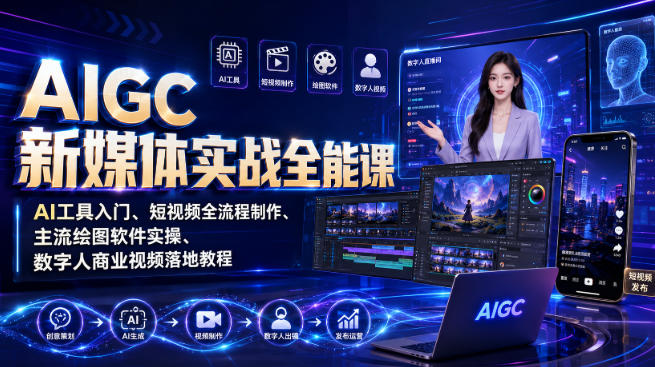 AIGC新媒体实战全能课｜AI工具入门、短视频全流程制作、主流绘图软件实操、数字人商业视频落地教程-副业资源站