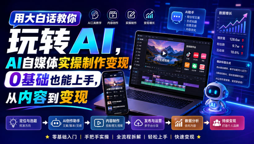 用大白话教你玩转AI，AI自媒体实操制作变现，0基础也能上手，从内容到变现-副业资源站