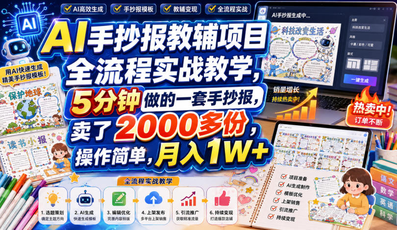 AI手抄报教辅项目全流程实战教学，5分钟做的一套手抄报，卖了2000多份，操作简单，月入1W+-副业资源站