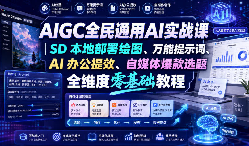 AIGC全民通用AI实战课｜SD本地部署绘图、万能提示词、AI办公提效、自媒体爆款选题全维度零基础教程-副业资源站