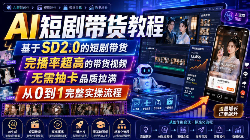 AI短剧带货教程，基于SD2.0的短剧带货，完播率超高的带货视频，无需抽卡品质拉满，从0到1完整实操流程-副业资源站