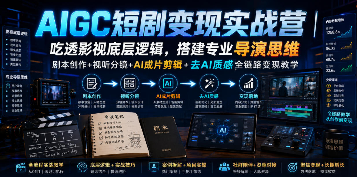 AIGC短剧变现实战营｜吃透影视底层逻辑，搭建专业导演思维，剧本创作+视听分镜+AI成片剪辑+去AI质感全链路变现教学-副业资源站