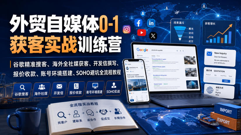 外贸自媒体0-1获客实战训练营｜谷歌精准搜客、海外全社媒获客、开发信撰写、报价收款、账号环境搭建、SOHO避坑全流程教程（更新）-副业资源站