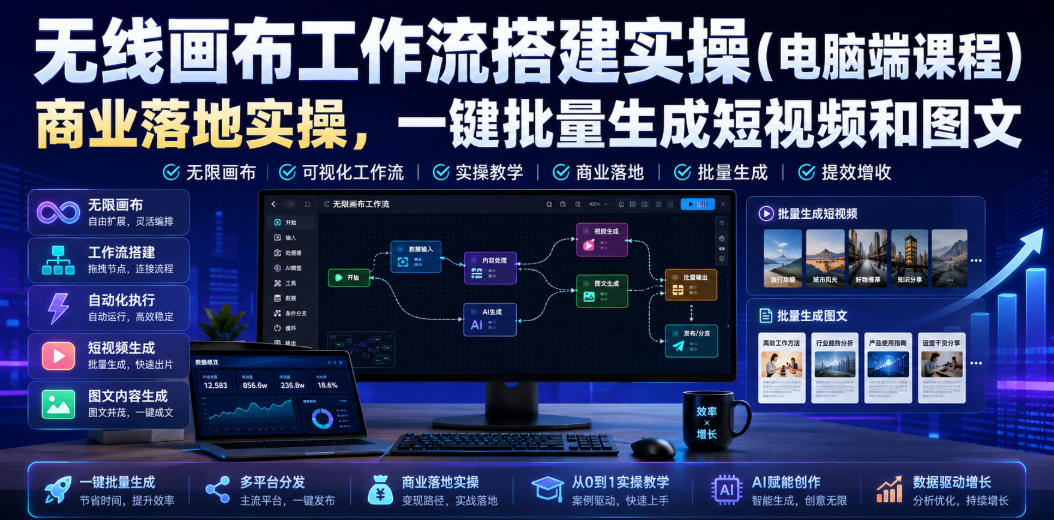 无线画布工作流搭建实操（电脑端课程），商业落地实操，一键批量生成短视频和图文-副业资源站