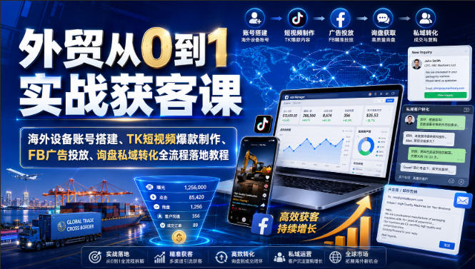 外贸从0到1实战获客课｜海外设备账号搭建、TK短视频爆款制作、FB广告投放、询盘私域转化全流程落地教程-副业资源站