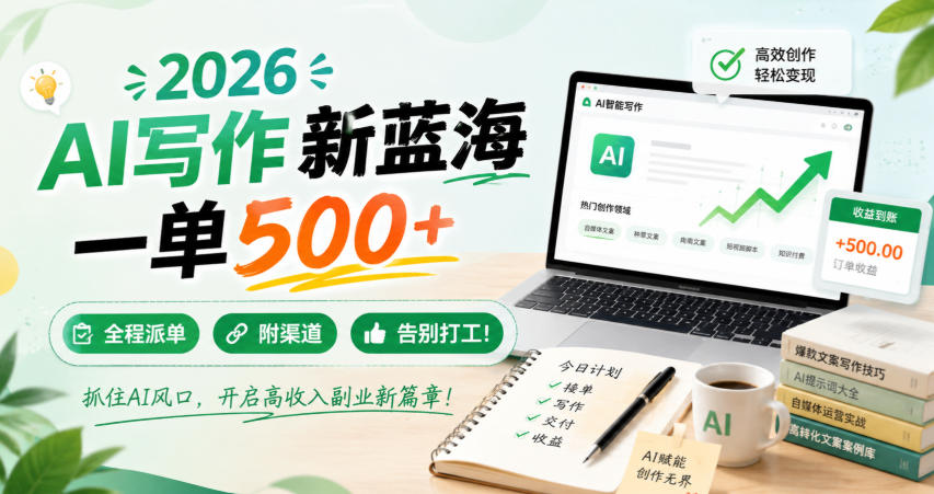 2026 AI写作新蓝海，一单500+，全程派单，附渠道，告别打工！【揭秘】-副业资源站