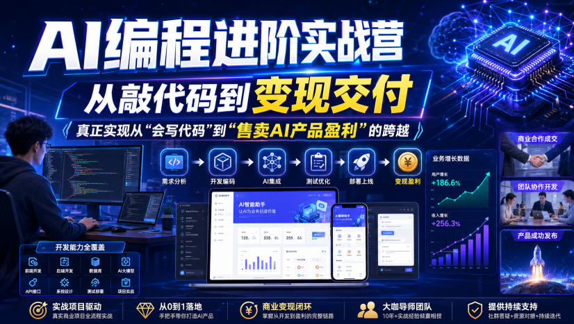 AI编程进阶实战营，从敲代码到变现交付，，真正实现从“会写代码”到“售卖AI产品盈利”的跨越-副业资源站