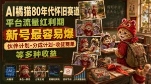 AI橘猫80年代怀旧赛道,平台流量红利期,新号最容易爆,伙伴计划-分成计划-收徒商单等多种收益-副业资源站