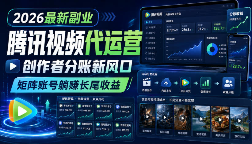 2026最新副业之腾讯视频代运营：创作者分账新风口，矩阵账号躺賺长尾收益【揭秘】-副业资源站