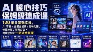 AI核心技巧保姆级速成课｜120集零基础实操，AI写真/生图生视频/趣味动画/修图排版/智能办公/爆款短视频一站式全掌握（更新）-副业资源站