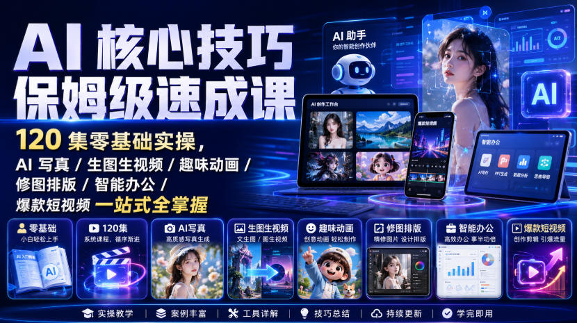 AI核心技巧保姆级速成课｜120集零基础实操，AI写真/生图生视频/趣味动画/修图排版/智能办公/爆款短视频一站式全掌握（更新）-副业资源站
