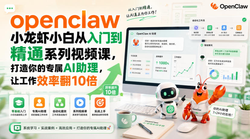 openclaw小龙虾小白从入门到精通系列视频课，打造你的专属AI助理，让工作效率翻10倍-副业资源站