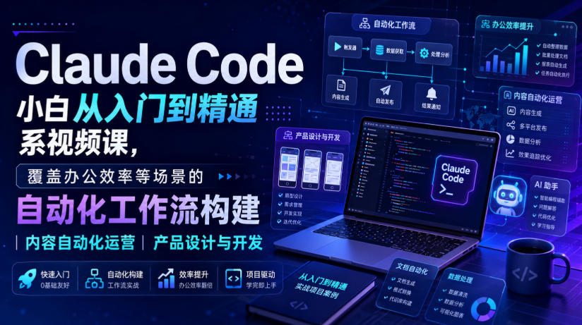 Claude Code小白从入门到精通系视频课，覆盖办公效率等场景的自动化工作流构建|内容自动化运营|产品设计与开发-副业资源站