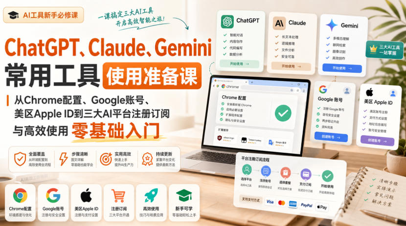 ChatGPT、Claude、Gemini常用工具使用准备课｜从Chrome配置、Google账号、美区Apple ID到三大AI平台注册订阅与高效使用零基础入门-副业资源站