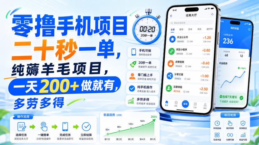 零撸手机项目，二十秒一单，纯薅羊毛项目，一天200+做就有，多劳多得【揭秘】-副业资源站