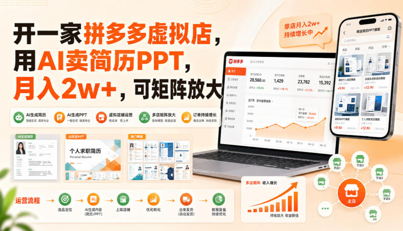 开一家拼多多虚拟店，用AI卖简历PPT，月入2w+，可矩阵放大【揭秘】-副业资源站