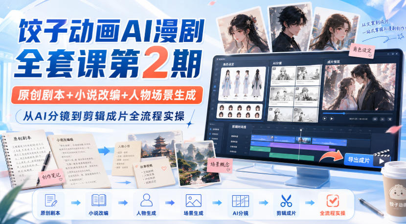 饺子动画AI漫剧全套课第2期：原创剧本+小说改编+人物场景生成，从AI分镜到剪辑成片全流程实操-副业资源站