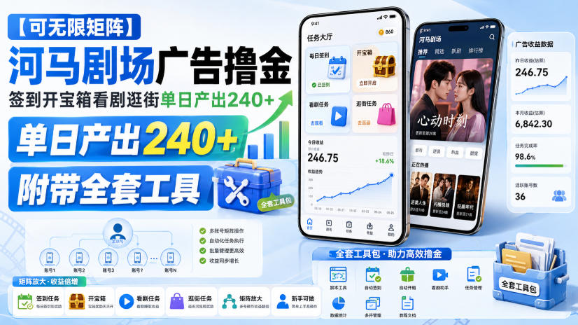 【可无限矩阵】河马剧场广告撸金，签到开宝箱看剧逛街单日产出240+，附带全套工具【揭秘】-副业资源站