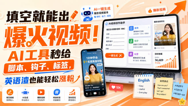 填空就能出爆火视频！AI工具秒给脚本、钩子、标签，英语渣也能轻松涨粉【原创双语字幕】-副业资源站