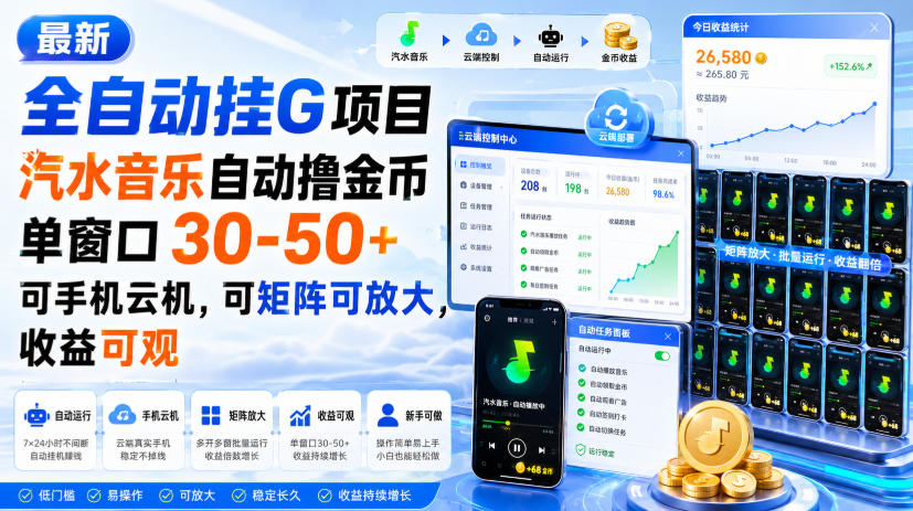 最新全自动挂G项目，汽水音乐自动撸金币单窗口30-50+，可手机云机，可矩阵可放大，收益可观-副业资源站