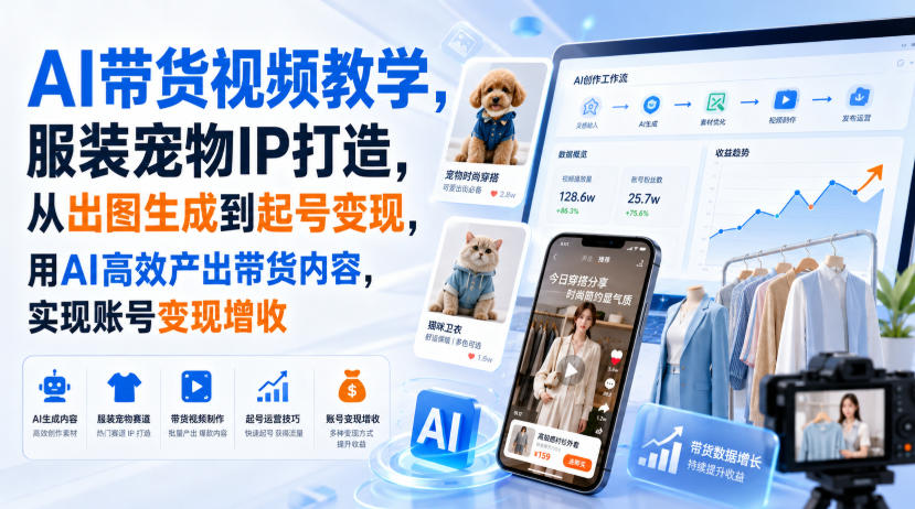 AI带货视频教学，服装宠物IP打造，从出图生成到起号变现，用AI高效产出带货内容，实现账号变现增收-副业资源站