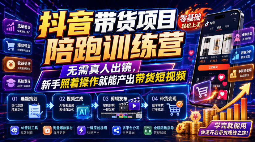 抖音带货项目陪跑训练营，无需真人出镜，新手照着操作就能产出带货短视频（更新0811）-副业资源站