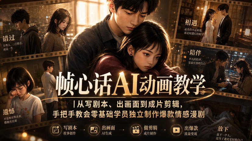 帧心话AI动画教学｜从写剧本、出画面到成片剪辑，手把手教会零基础学员独立制作爆款情感漫剧-副业资源站