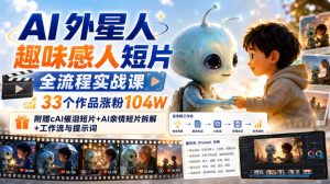 AI外星人趣味感人短片全流程实战课,33个作品涨粉104W,附赠AI催泪短片+AI亲情短片拆解+工作流与提示词-副业资源站