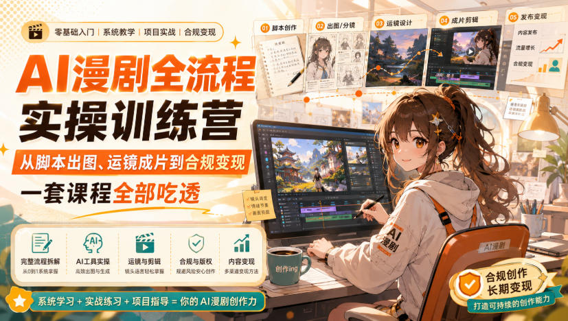 AI漫剧全流程实操训练营，从脚本出图、运镜成片到合规变现，一套课程全部吃透-副业资源站