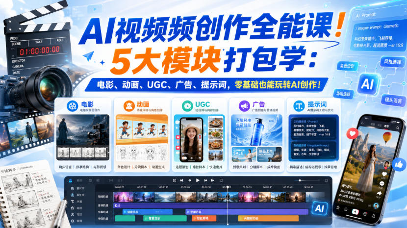 AI视频频创作全能课！5大模块打包学：电影、动画、UGC、广告、提示词，零基础也能玩转AI创作！【原创双语字幕】-副业资源站
