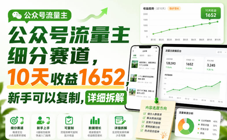 公众号流量主细分赛道，10天收益1652，新手可以复制，详细拆解-副业资源站