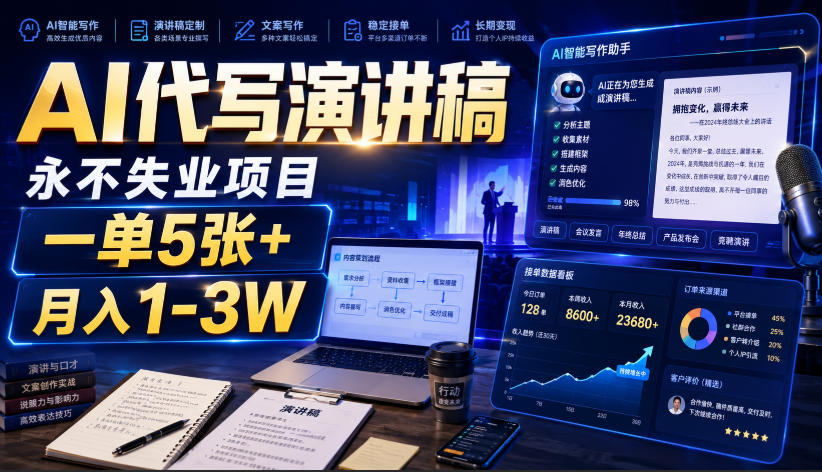 AI代写演讲稿，永不失业项目，一单5张+，月入1-3W【揭秘】-副业资源站