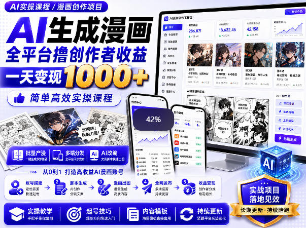 AI生成漫画全平台撸创作者收益内部课程，实操最高单日变现1k+-副业资源站