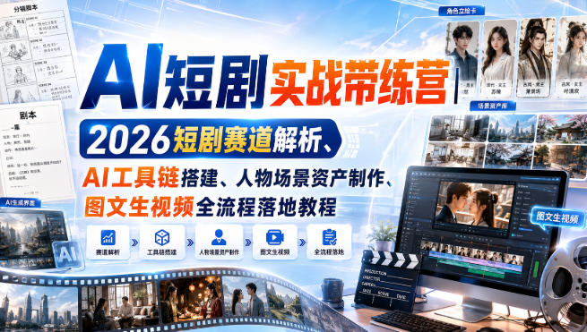 AI短剧实战带练营｜2026短剧赛道解析、AI工具链搭建、人物场景资产制作、图文生视频全流程落地教程-副业资源站