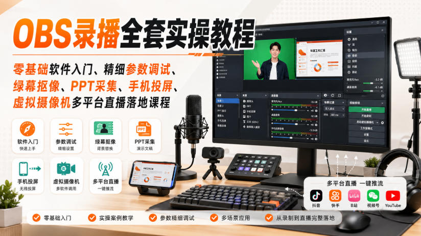 OBS录播全套实操教程｜零基础软件入门、精细参数调试、绿幕抠像、手机投屏、虚拟摄像机多平台直播落地课程-副业资源站