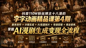 抖音110W粉丝博主十八漫的字字动画精品课第4期:剧本创作+分镜生成+剪辑+商业接单,掌握AI漫剧生成变现全流程-副业资源站