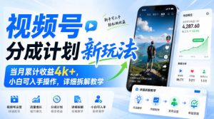 视频号分成计划新玩法，当月累计收益4k+，小白可入手操作，详细拆解教学-副业资源站