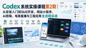 Codex系统实操课程第2期|从安装入门到Skill开发、网站小程序、AI剪辑、电商直播与工程应用全流程实战-副业资源站