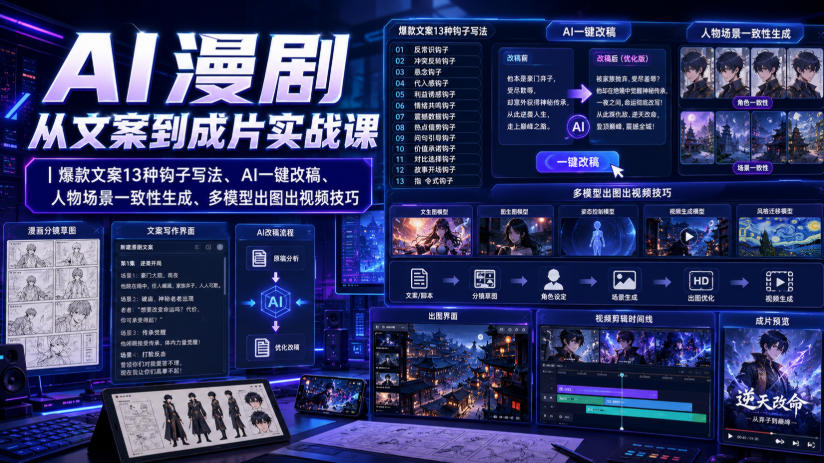 AI漫剧从文案到成片实战课｜爆款文案13种钩子写法、AI一键改稿、人物场景一致性生成、多模型出图出视频技巧-副业资源站