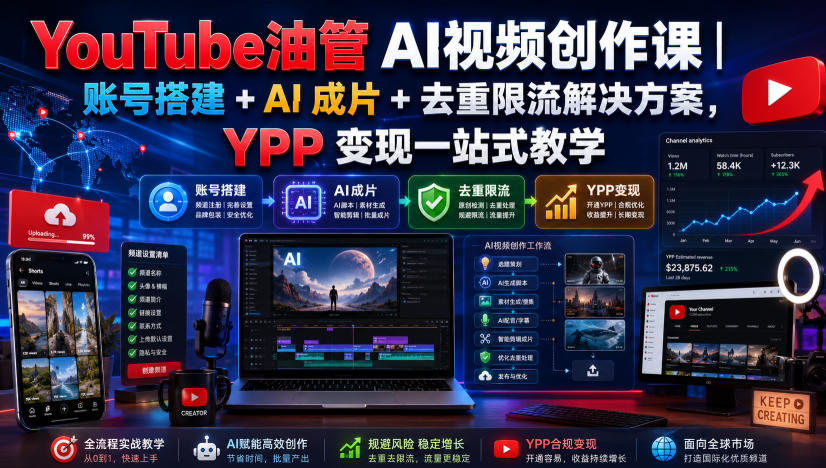 YouTube油管AI视频创作课｜账号搭建+AI成片+去重限流解决方案，YPP变现一站式教学-副业资源站