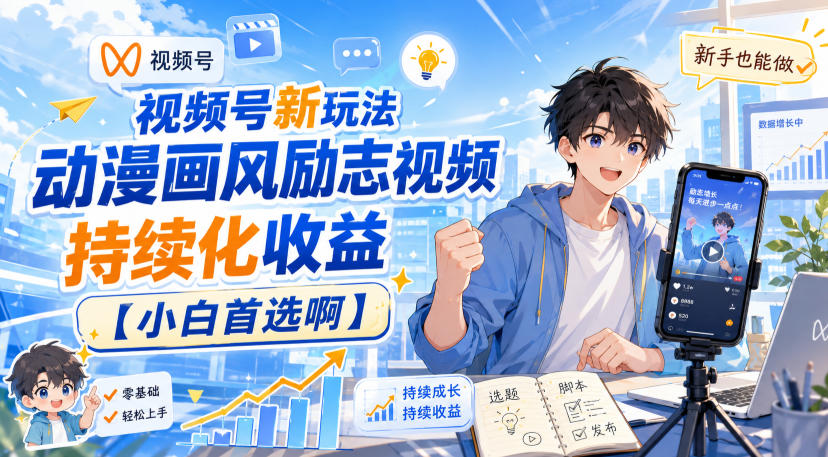视频号新玩法动漫画风励志视频，持续化收益【小白首选啊】-副业资源站